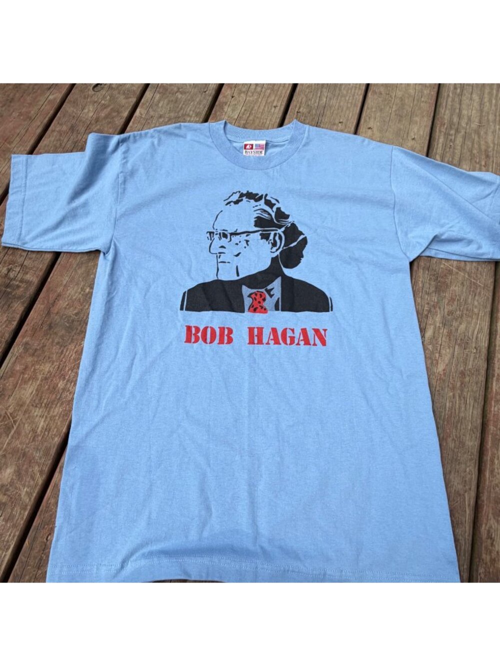 Bob Hagan Graphic Light Blue T-Shirt Bayside Large 100% Cotton Made In USA